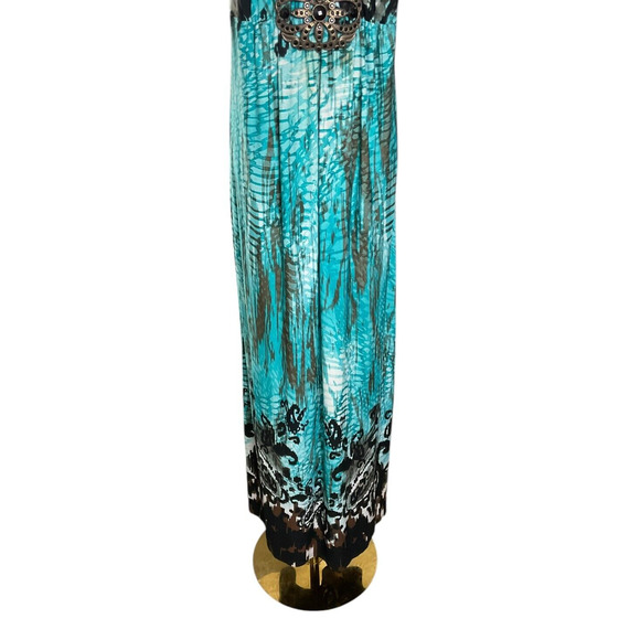 R&M Richards Size 8 Maxi Dress Teal Brown Abstract Print V Neck Belted - Picture 11 of 13
